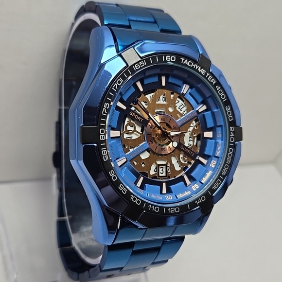 Mens Binbond 46mm Hollow Date Quartz Watch Brillant Blue 30M New Battery - Picture 3 of 10